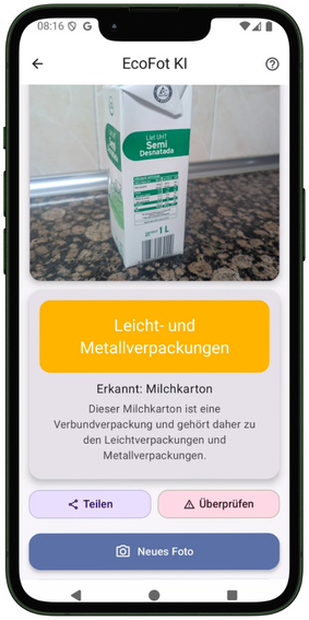 Ergebnis von EcoFot KI mit dem empfohlenen Entsorgungsort für einen Abfall in Österreich