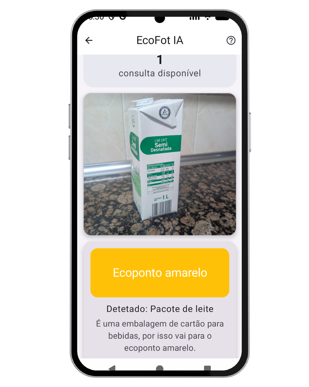 Resultado do EcoFot IA a indicar o destino correto para um pacote de leite