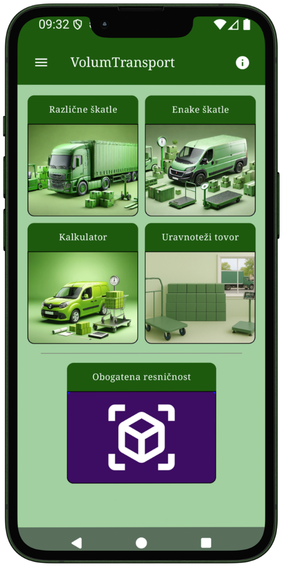 Glavni zaslon aplikacije VolumTransport